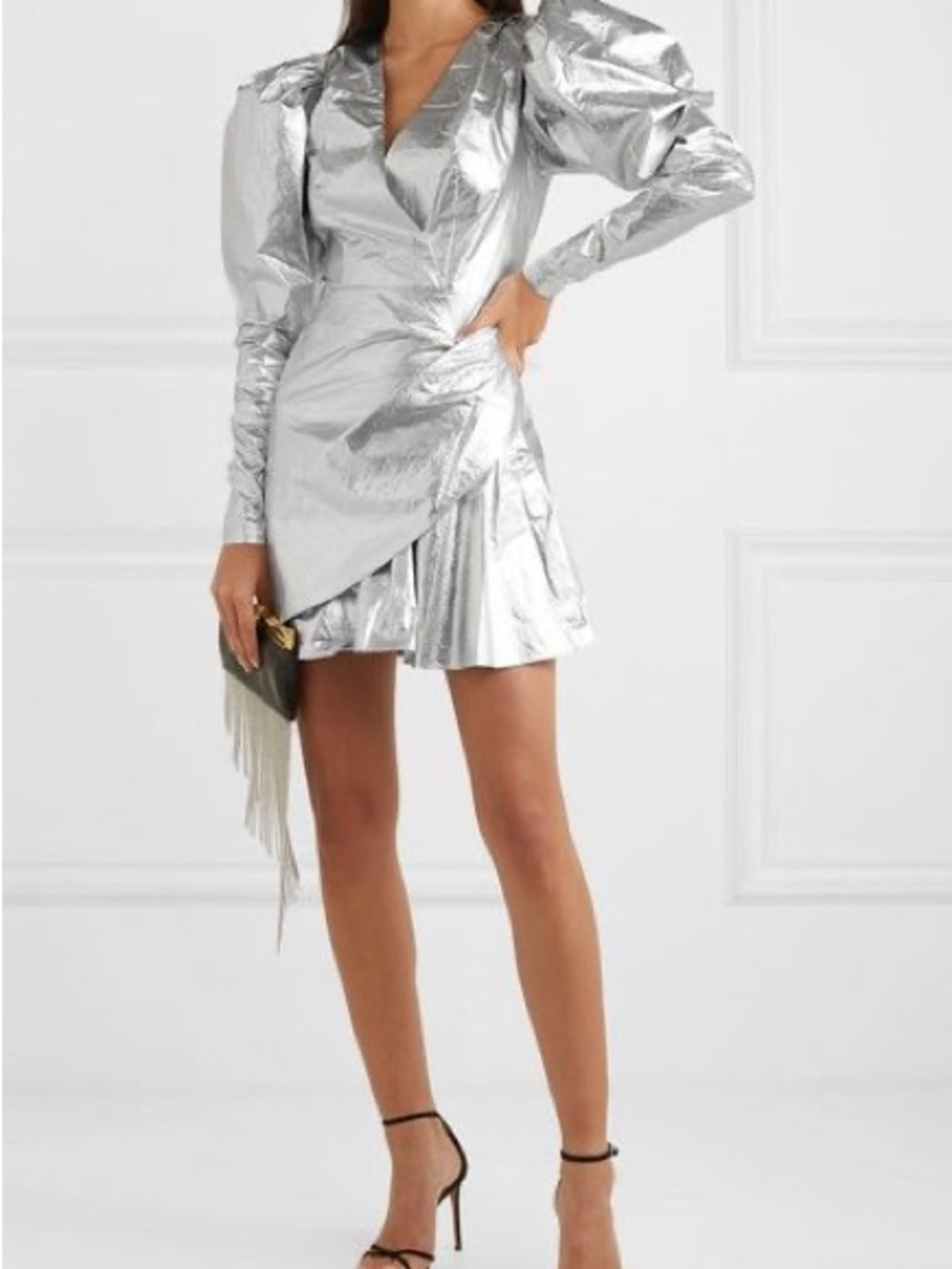 Metallic Silver Puff-Sleeve Wrap Mini Dress